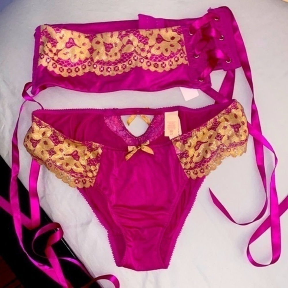 Victorias Secret hot Magenta Waist Cincher Garter & Bikini Pink Gold